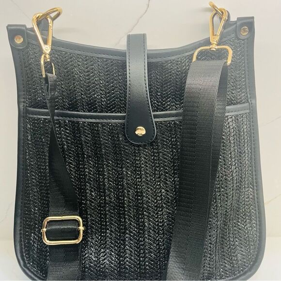 Rattan Woven Black Crossbody Bag with Gold Accents NWOT - Picture 11 of 12
